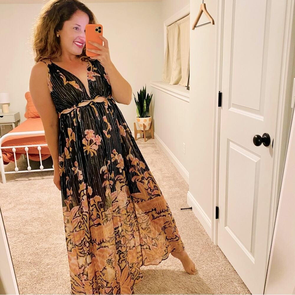 NWT Anthropologie Black Metallic Floral Sexy Maxi Dress Small